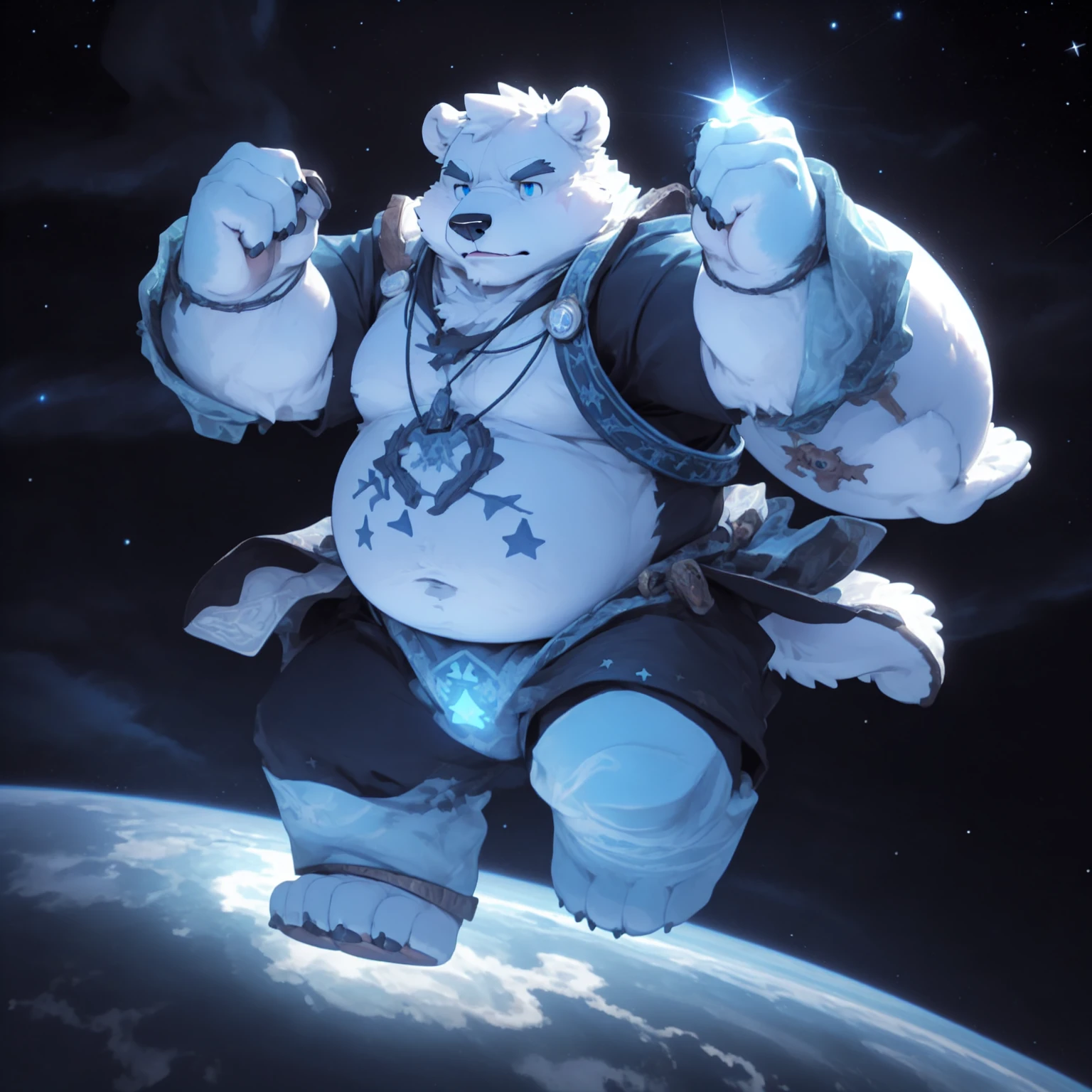 New Jersey 5 Furry,polar bear，portrait,Unique，Exquisite， Chubby，Fat，Thick arms，Rugged muscles，White plush fur，Chubby脸，Black eyebrows，Sky blue eyes，Beard，Hermit costume，Sea of stars，Floating in the universe，Blue light all over the body，Guiding the Power of the Stars，fighting