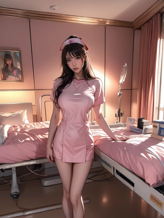 Pornographic Images,Cinematic scene,Fantasy Art,Highest image quality,hyperrealistic portrait,(8K),Ultra-realistic,Best Quality,High quality,High Definition,high quality texture,high detailing,Beautiful detailed,fine detailed,extremely details CG,Detailed texture,realistic representation of face,masutepiece,presence,Dynamic,Bold,1gir,(ideal ratio body proportions:1.5),Ultra detailed skin,Curve,,Beautiful breasts,Large breasts,pale skin,(Thin hair),(Soft hair),(ultra straight hair),Swept long bangs,very light coppery amber hair,Hair over one eye,(pink nurse uniform:1.3),(gravure pose:1.5),(hospitals、Hospital Room、Patient bed:1.5)