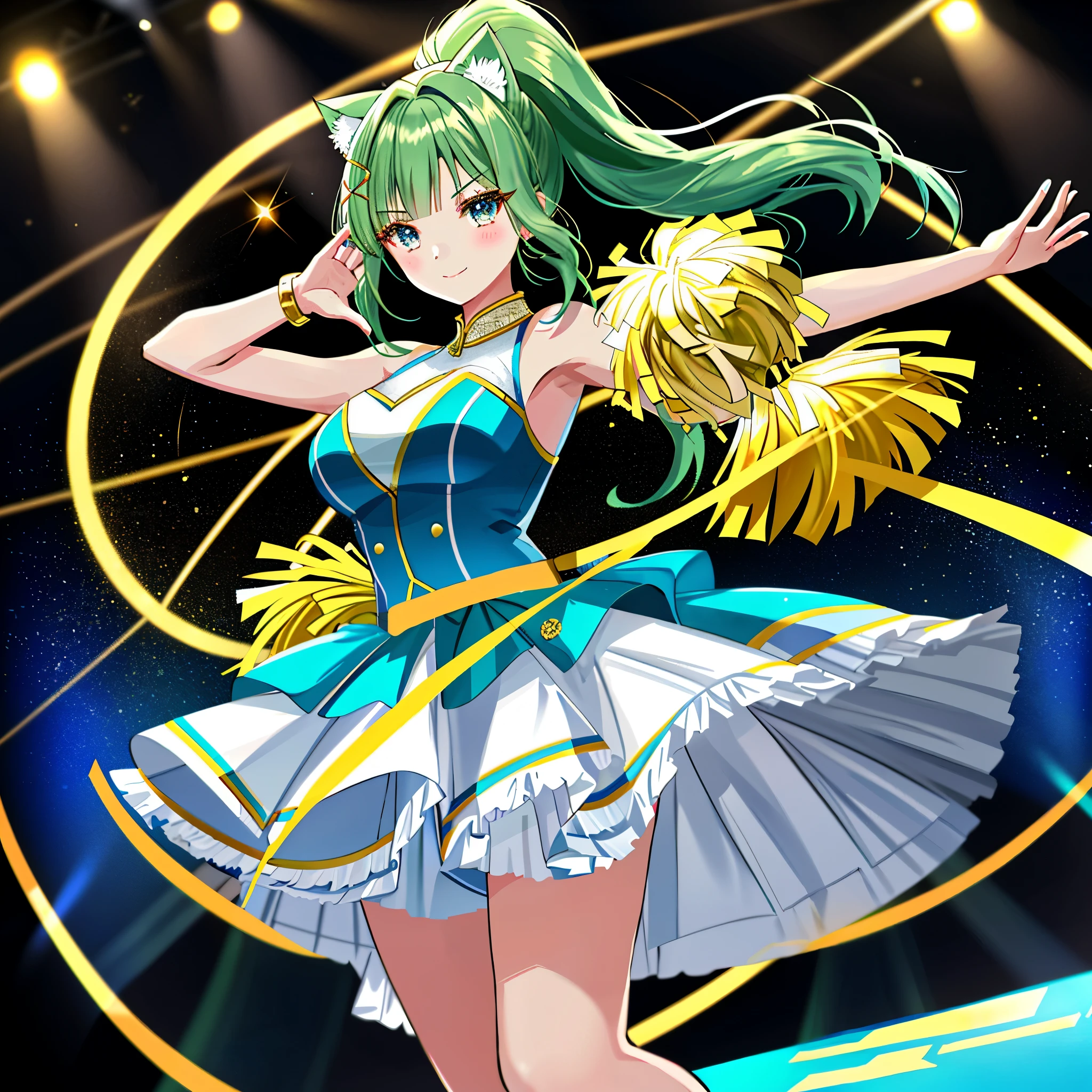 (anime:1.1), highest quality, table top,
1 girl, Lanka Lee,macross frontier　Lanka Lee, green hair, short hair、bob hair,small breasts, blue eyes, mature woman,  looking at the viewer, smile，Stage Performance, hot air，Idol style green kimono,White knee-high socks，jumping,，アイドルsinger standing in the center of the stage，アイドルsinger holding a microphone and singing， アイドルsinger&#39;serious and powerful expression. singer&#39;&#39;s voice is powerful and beautiful，fans gather around the stage， ファンはアイドルsingerと一緒に歌ったり踊ったりしています