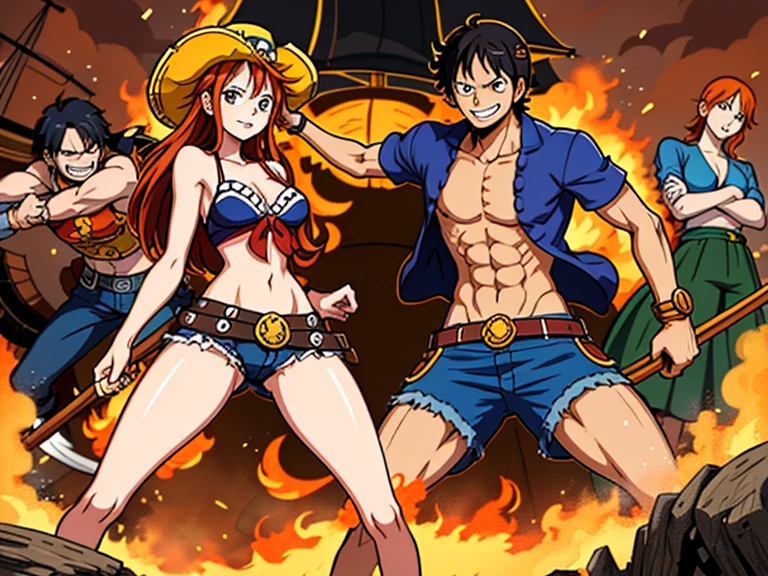 Monkey D. Luffy, the 1boy pirate king, undergoes an unexpected body swap with his trusted crew member, Nami, the 1girl. In this unusual turn of events, Luffy finds himself inhabiting Nami's and agile frame, while she assumes his bulky and powerful physique.
Nami, now donning Luffy's pirate king attire, wields his considerable strength and courage. She confidently leads the Straw Hat Pirates, exhibiting a commanding presence that was once Luffy's.
Meanwhile, Luffy, feeling quite out of place in Nami's slender figure, adjusts to her