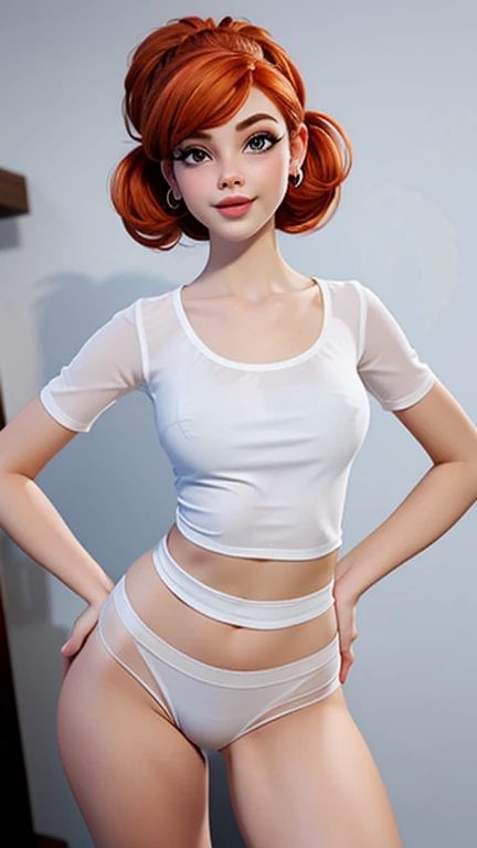 best quality, 8k, high quality, detailed, intricate, 18 yo wilma flintstone, sexy, orange hair, hair tied up, eyeshadow, oval face, snub nose, heart-shaped lips, arched eyebrows, thin and small waist, very wide hips, curvy, hourglass body, (((she is wearing a white sheer low cut t-shirt))), white boyshorts panties, outdoors, legs spread apart