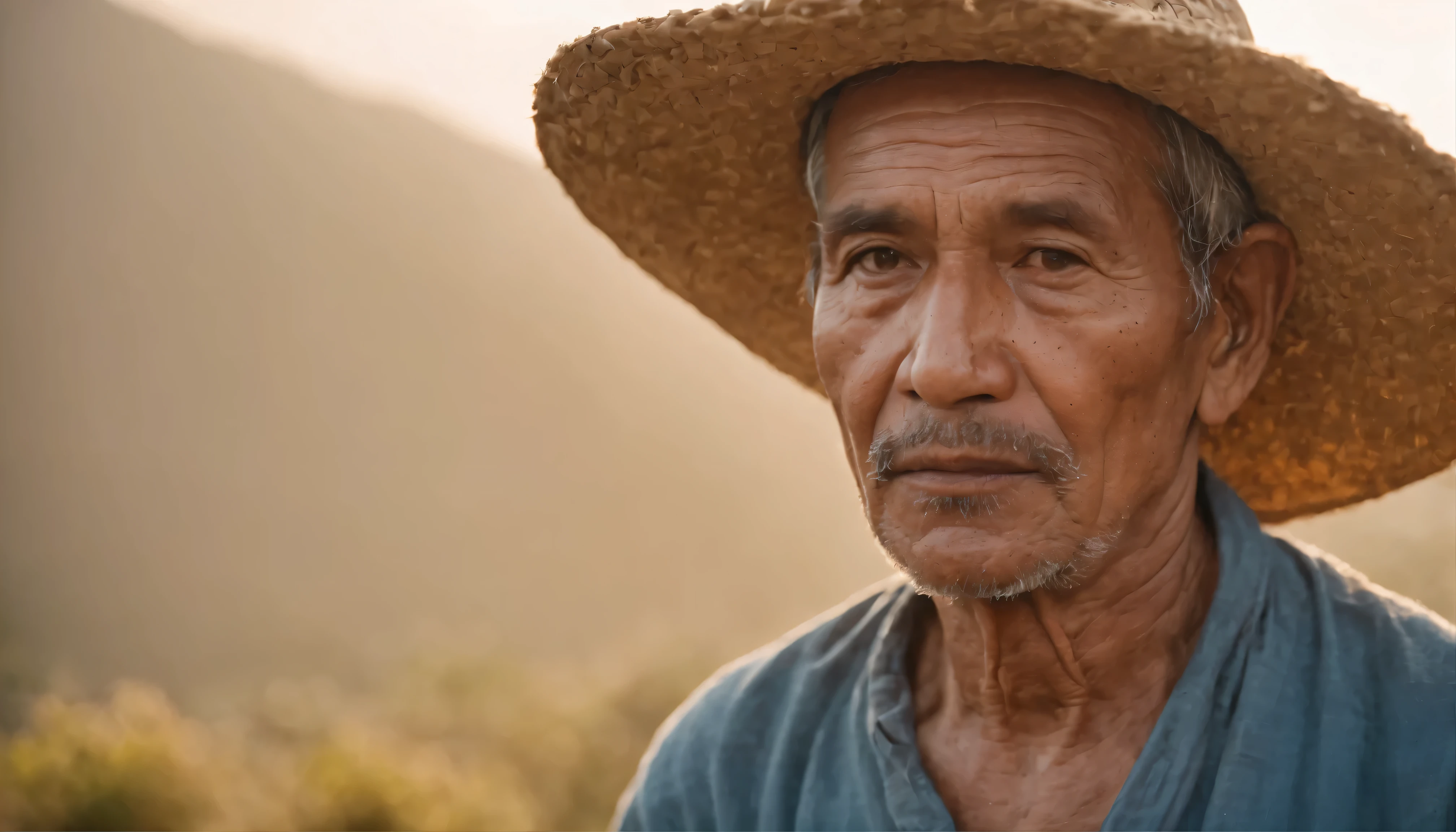 Close-up portrait emotional photo of an old man. A Latin american peasant man, Wear simple clothes, a blue shirt and a stRaw hat. Looks powerful, difficult, Face, 8K HD, high quality, Film Grain, Looking at the audience, Very detailed portrait, Skin wrinkling, Have sunburn, dark brown eyes, (skin pores: 1.2), ( mole:0.8), (Imperfect skin:1.1), Intricate details, Goosebumps, Flawless Face, ((Reality):1.1), (Raw, 8k:1.2), Surrealism, HDR, Movie, dark, pastel colors, atmosphere, ((Macro lens)), Sunset. In the background you can see some out of focus mountains. Latin america, mulatto.