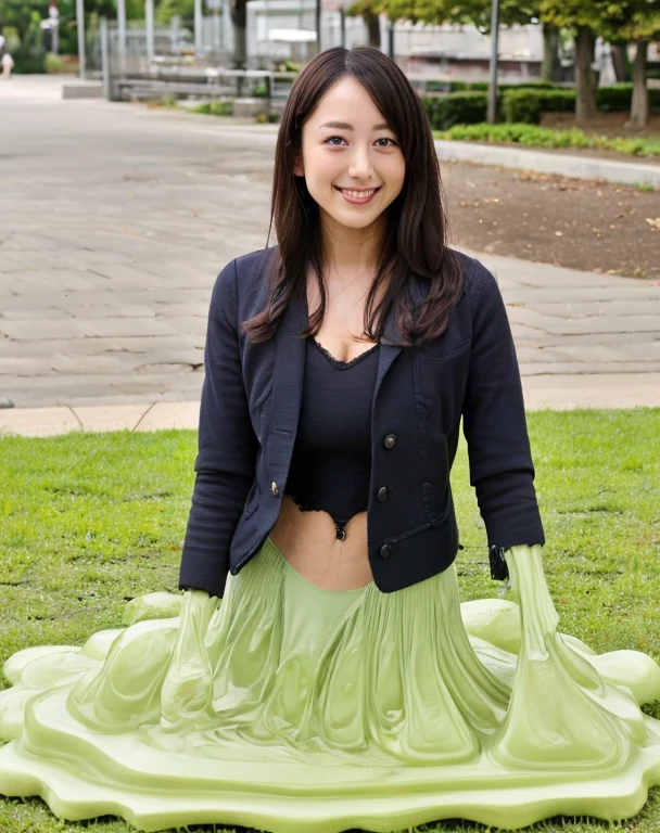 knitted sweater jacket，（Big boobs：1.2），cleveage，穿Black underwear，black slime shapeshifter，looking at the audience，Smile， Black underwear、cleveage，Long hair ,Pretty Face，cute appearance，confident girl,Slime with melted lower body,In the park，There are many maple leaves，autumn，