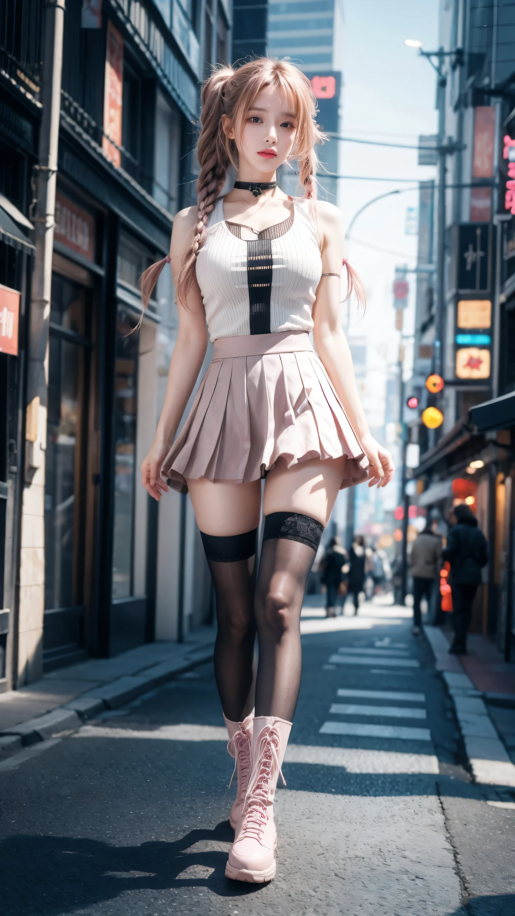 high resolution, best quality, masterpiece, very high image quality, Super detailed, Surrealism, 3D, Japanese cartoons, illustration, fantasy, Hard Rock Girl, Very pretty and cute, Pink wavy hair, Side braids, mini skirt, Knee socks, Engineering boots, Background cyberpunk city galaxy  