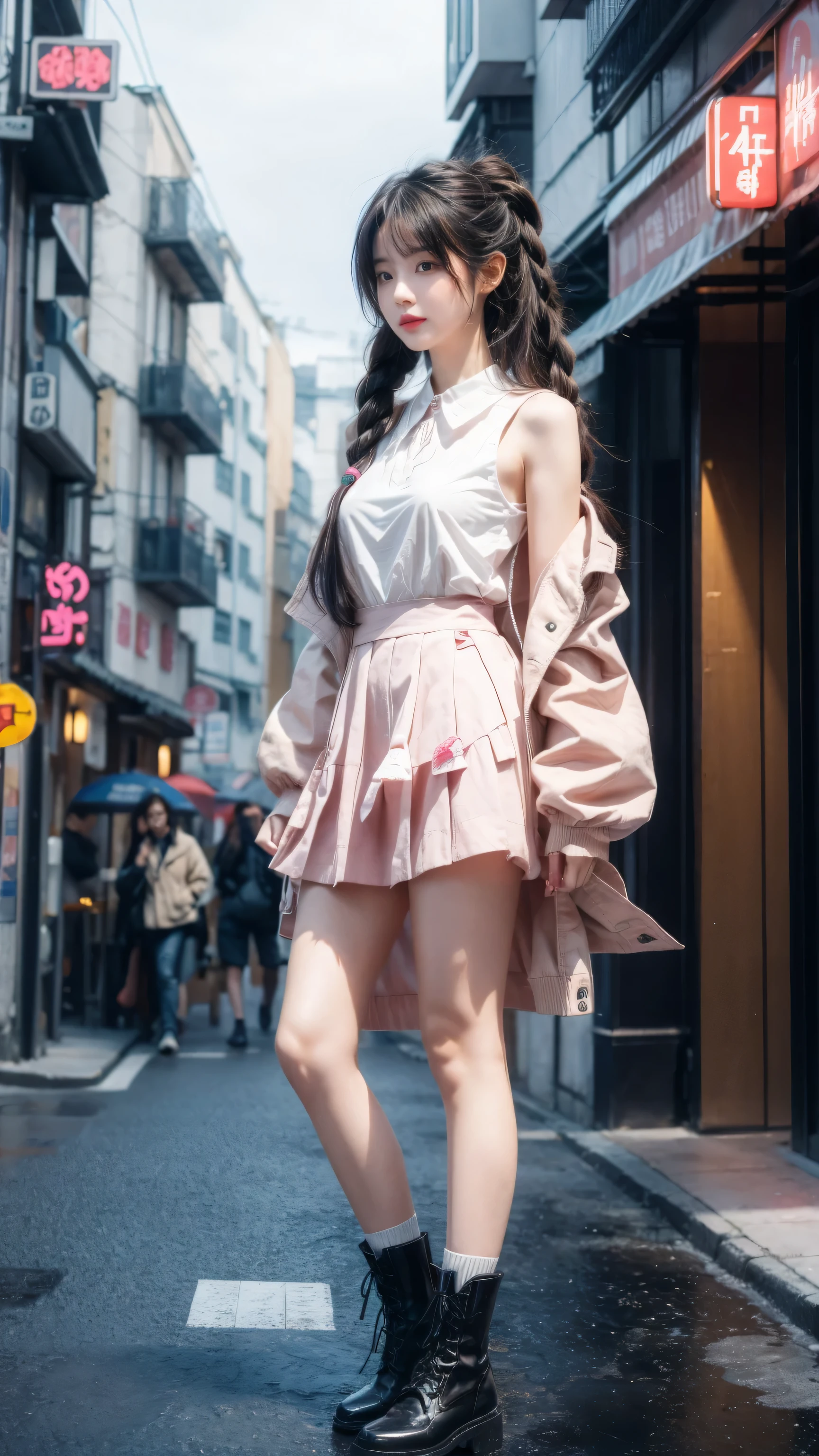 high resolution, best quality, masterpiece, very high image quality, Super detailed, Surrealism, 3D, Japanese cartoons, illustration, fantasy, Hard Rock Girl, Very pretty and cute, Pink wavy hair, Side braids, mini skirt, Knee socks, Engineering boots, Background cyberpunk city galaxy