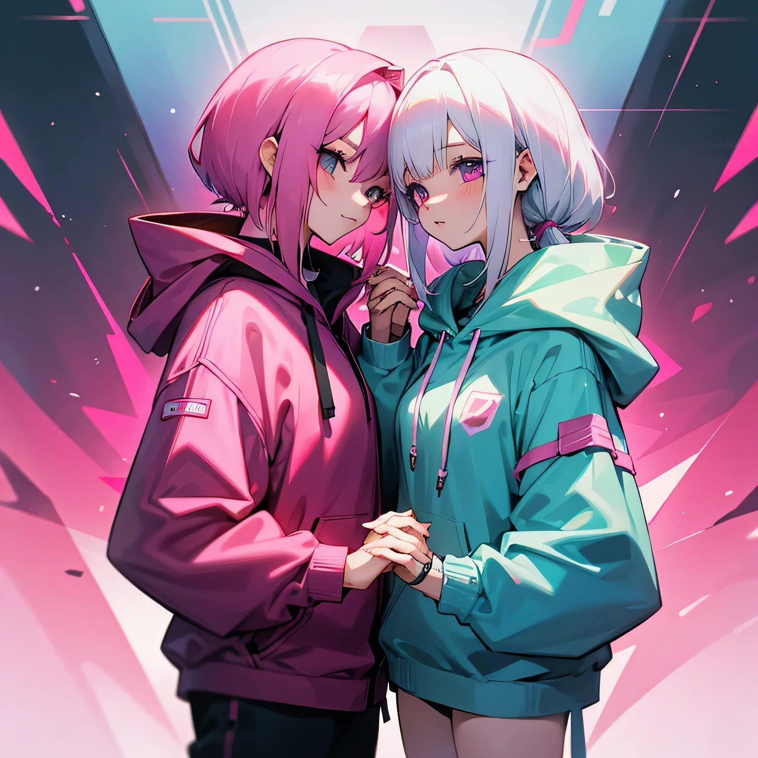 Cyberpunk anime girl with white hair and a hoodie holding hands with anime girl with pink hair and a hoodie