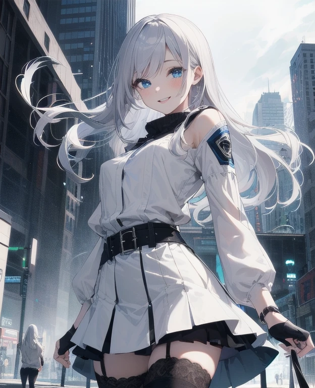 (Masterpiece, Best quality, ultra high resolution), 1 girl, Silver hair, Pale skin, Beautiful detailed face, Detailed eyes, posing on a, On a white background, Dynamic lighting, dynamic shadowing, looking at viewer, White stone punk fashion,(Posing for a photo),((White clothes)), (((black thigh highs))), jean shorts, skirt, white sweater, ((Blue eyes)), happy, smiling, black straps, black strap design, ((Long white hair)), energetic, cheerful, cityscape background