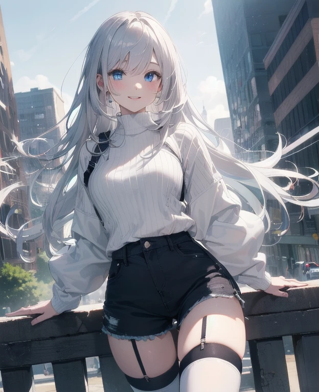 (Masterpiece, Best quality, ultra high resolution), 1 girl, Silver hair, Pale skin, Beautiful detailed face, Detailed eyes, posing on a, On a white background, Dynamic lighting, dynamic shadowing, looking at viewer, White stone punk fashion,(Posing for a photo),((White clothes)), (((black thigh highs))), jean shorts, skirt, white sweater, ((Blue eyes)), happy, smiling, black straps, black strap design, ((Long white hair)), energetic, cheerful, cityscape background