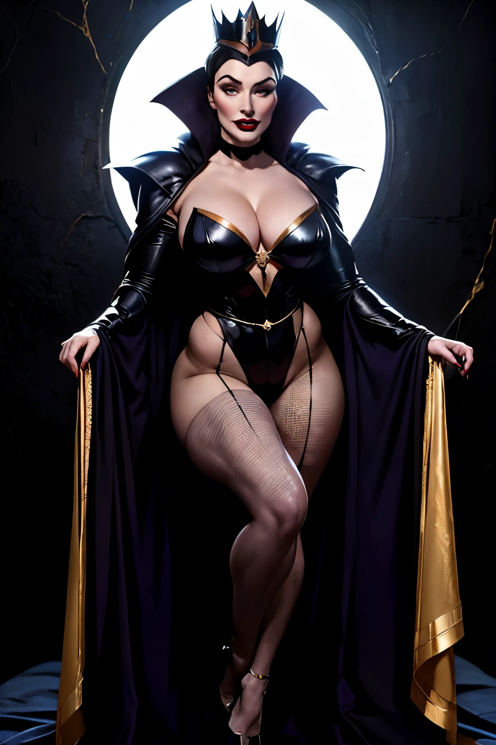 ((highest quality)), ((masterpiece)), ((be familiar with)), ((Accurate)), ((Realistic)), (Realistic), (Best Shadow), Cinematic, (Complex:1.4), High contrast, Side lighting, 8K, ((Bryce Dallas Howard)), ((Accurate手と指)), ((Evil Queen)), 43-year-old Caucasian female、(Black Hair、short hair)、(Voluptuous body)、(Large Breasts)、(Cleavage)、Narrow waist、(Big Ass)、glamorous、Beautifully grown black nails、Black glitter lipstick、Black and purple robe、((男の頭を踏みつけているEvil Queen))、(orgasm:1.0)、Audience Chamber、(Head to Toe)、(full body)