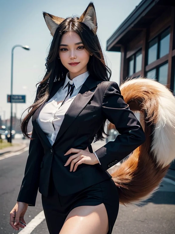 ((highest quality, 32k)), ((masterpiece)), (Get used to it), Perfect Face, Fox Girl, Beautiful woman, public, There is a tail, she has a fox tail, She wags her fluffy tail, smile, collar, She wears a business suit, Beautiful hip line, A tail sticking out from a business suit, Large Breasts, Big Ass