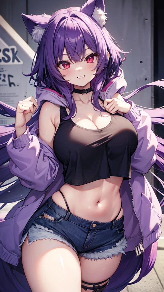 Wolf Girl, Large , Voluminous purple hair, masterpiece , Red eyes, hd, Thick thighs, Head to Chest, buried in my chest、Underboob、Double teeth、tooth、Tank top、Chubby、Grinning、Shorts、hoodie、