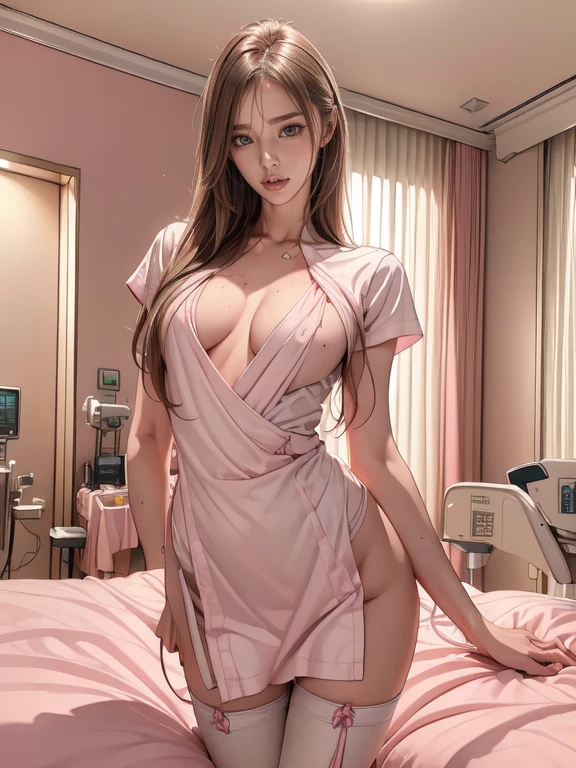 Pornographic Images,Cinematic scene,Fantasy Art,Highest image quality,hyperrealistic portrait,(8K),Ultra-realistic,Best Quality,High quality,High Definition,high quality texture,high detailing,Beautiful detailed,fine detailed,extremely details CG,Detailed texture,realistic representation of face,masutepiece,presence,Dynamic,Bold,1gir,(ideal ratio body proportions:1.5),Ultra detailed skin,Curve,,Beautiful breasts,Large breasts,pale skin,pointed breast,Erect nipples,(Thin hair),(Soft hair),(ultra straight hair),Swept long bangs,very light coppery amber hair,Hair over one eye,(pink nurse uniform:1.3),(gravure pose:1.5),(hospitals、Hospital Room、Patient bed:1.5)