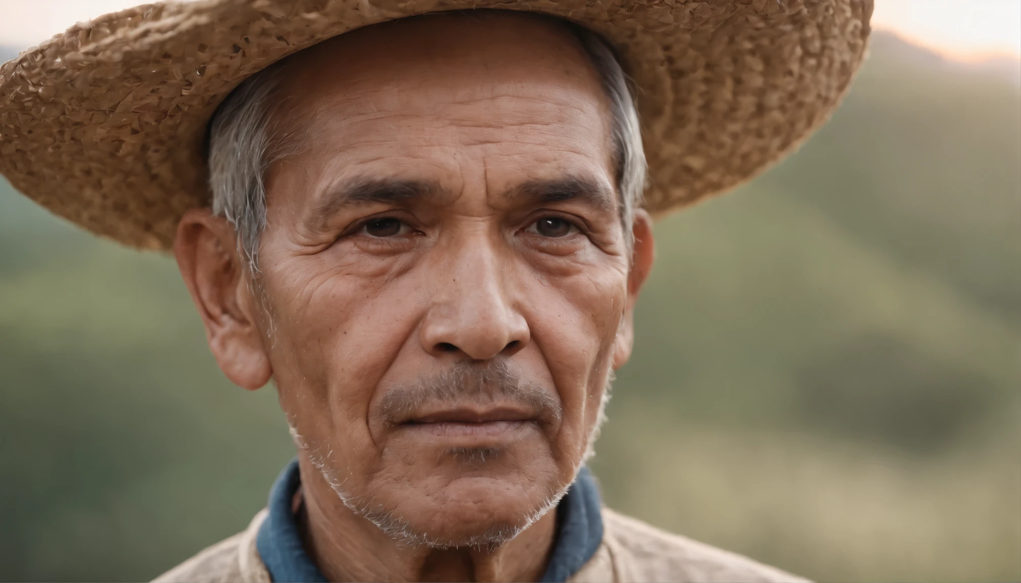 Close-up portrait emotional photo of an old man. A Latin american peasant man, Wear simple clothes, a blue shirt and a stRaw hat. Looks powerful, difficult, Face, 8K HD, high quality, Film Grain, Looking at the audience, Very detailed portrait, Skin wrinkling, Have sunburn, dark brown eyes, (skin pores: 1.2), ( mole:0.8), (Imperfect skin:1.1), Intricate details, Goosebumps, 完美无瑕的Face庞, ((Reality):1.1), (Raw, 8k:1.2), Surrealism, HDR, Movie, dark, pastel colors, atmosphere, ((Macro lens)), Sunset. In the background you can see some out of focus mountains. Latin america, mulatto. 