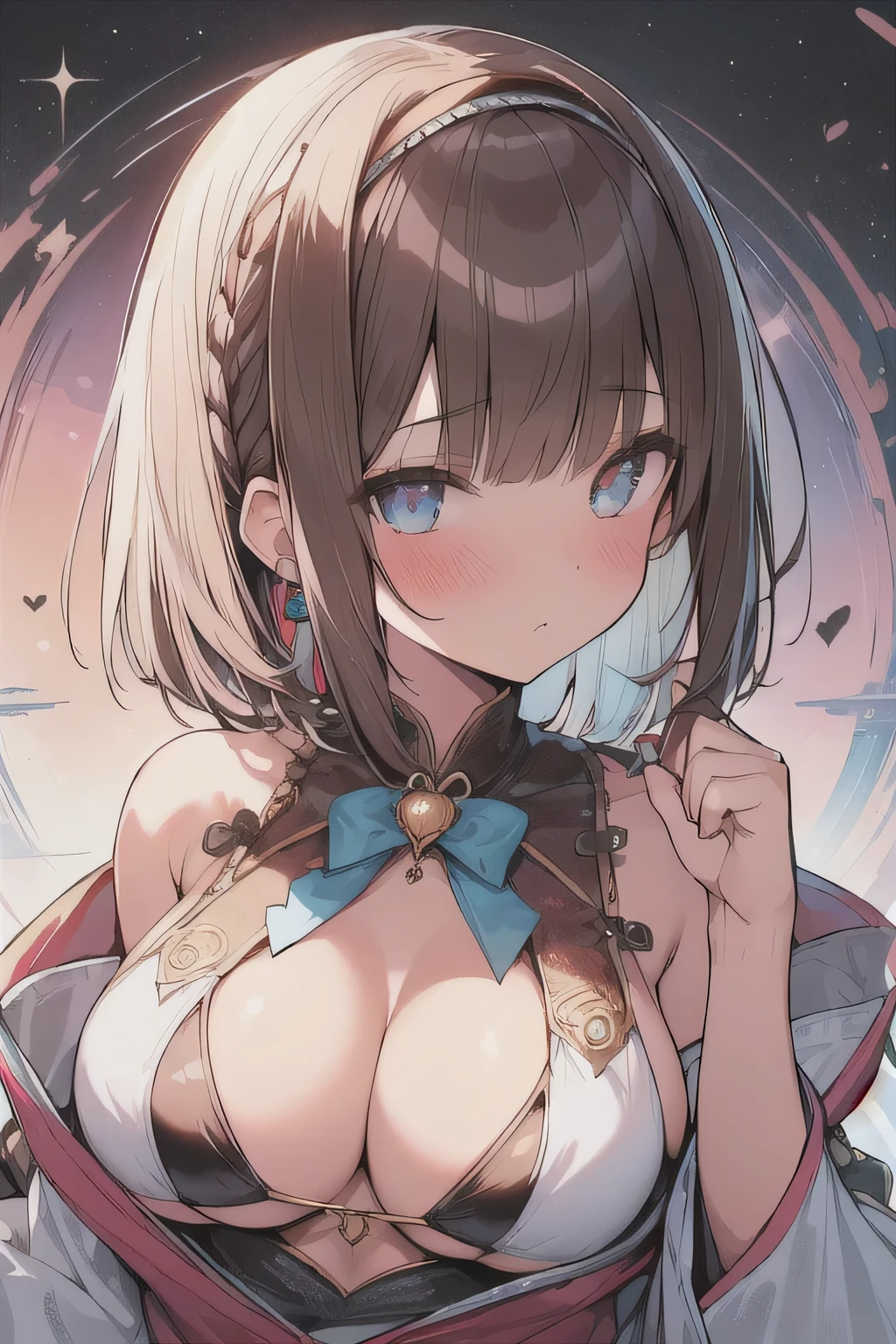 (best quality), (Super detailed), (Best Illustration), (woman), look at viewer, {(wizard robe:1.2), (bikini:1.2)}, (large breasts), {(detailed eyes), (heart-shaped pupils), blue eyes}, {brown hair, (sideburns), (bob cut:1.3), curly hair, hairs between eyes, colored inner hair}, blush, earring, hair band, fantasy landscape,