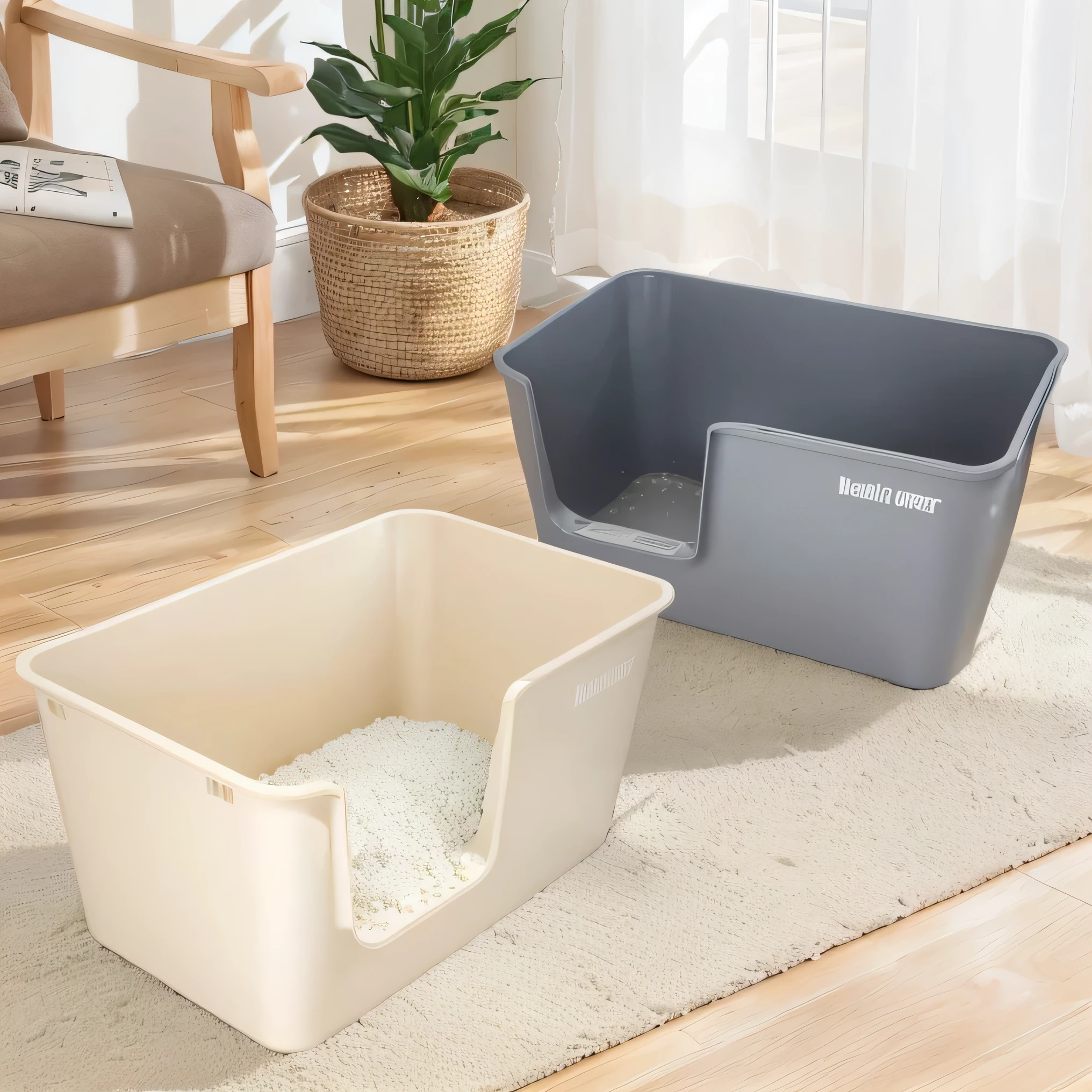There are two cat litter boxes on the floor,There is a plant in the background, A big one, 2 colors, product photo, Official Product Image, 2 colors, Designed for comfort and aesthetics!, Domestic, Product introduction photos, 3 colours, flat, Bottom Angle, High-quality images, detailed picture, Product Image, Luxury, 2 colors, Simplicity, Asymmetry, Wood color floor,Cozy interior,Natural light and shadow,Beige cat litter box filled with cat litter