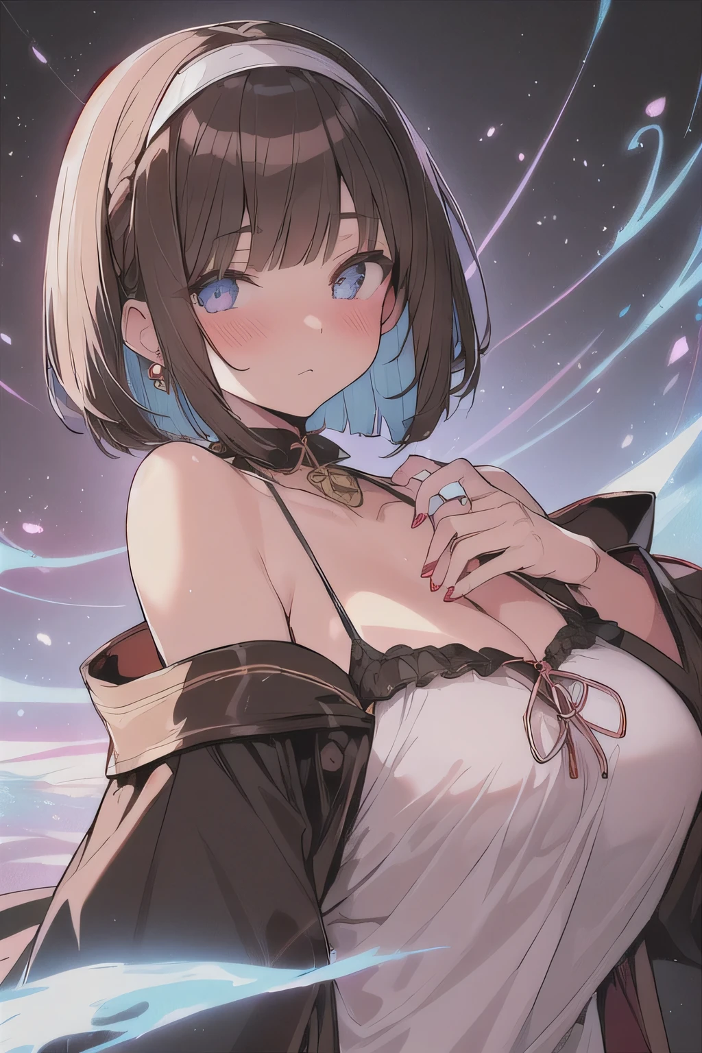 (best quality), (Super detailed), (Best Illustration), (woman), look at viewer, {(wizard robe:1.2), (bikini:1.2)}, (large breasts), {(detailed eyes), (heart-shaped pupils), blue eyes}, {brown hair, (sideburns), (bob cut:1.3), curly hair, hairs between eyes, colored inner hair}, blush, earring, hair band, fantasy landscape,