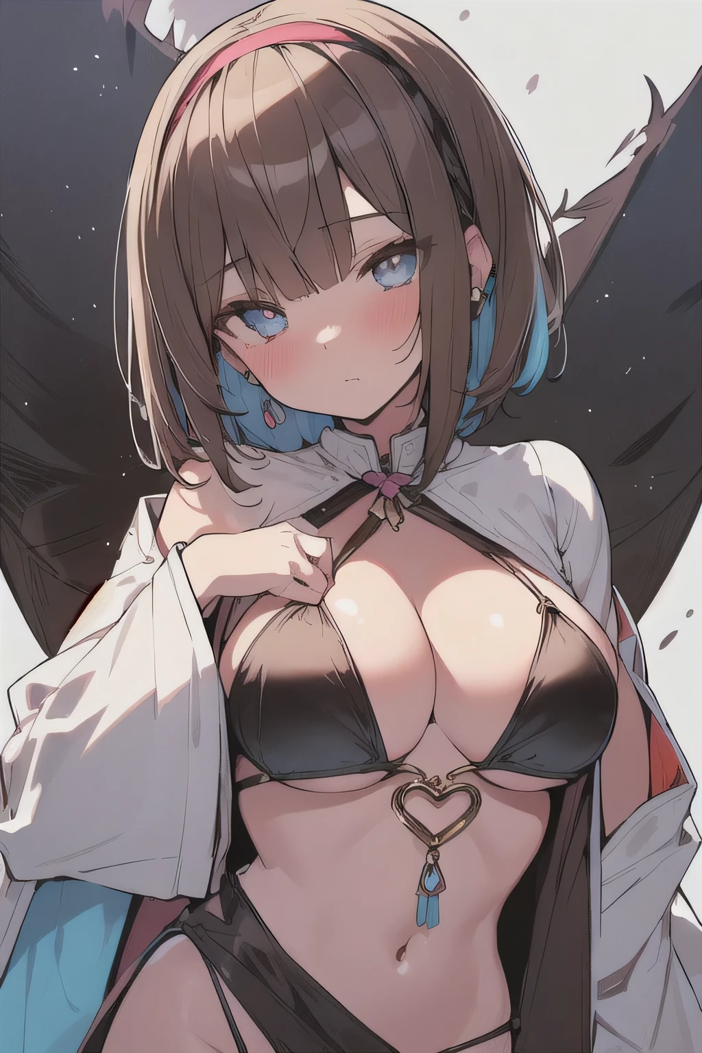 (best quality), (Super detailed), (Best Illustration), (woman), look at viewer, {(wizard robe:1.2), (bikini:1.2)}, (large breasts), {(detailed eyes), (heart-shaped pupils), blue eyes}, {brown hair, (sideburns), (bob cut:1.3), curly hair, hairs between eyes, colored inner hair}, blush, earring, hair band, fantasy landscape,