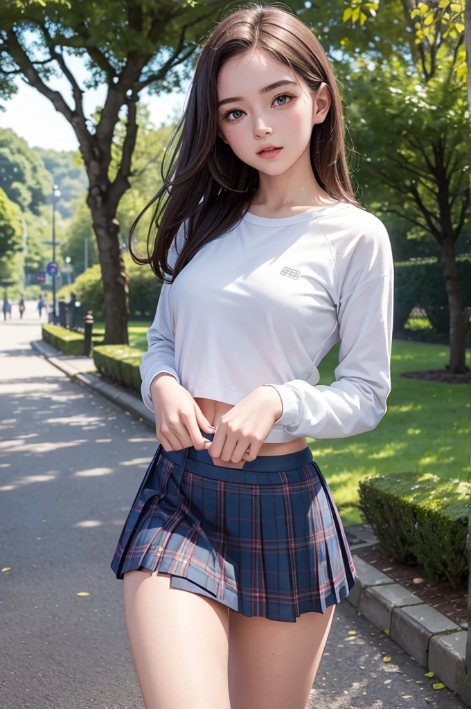 UHD, anatomically correct, textured skin, best quality, 8k,Canon, Canon, foreshortening,Cubist Futurism, modern, Realism, Contemporary art, Action painting,drop shadow, blending、Small Breasts, Svelte Body、 light smile, (masterpiece:1.2, highest quality), (Realistic, photoRealistic:1.4),Woman in a T-shirt and tight mini skirt lying on a tree trunk、lazy posture、((Lift up your skirt、Showing her satin panties:1.3)), Wicker Swing、blank、free-hand、White、masterpiece、Ultra dense、narrative poetry synthesis、high resolution、highest quality