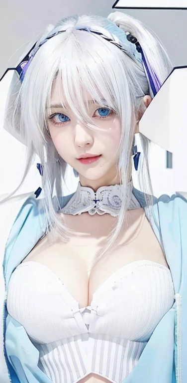 anime girl with blue eyes and white hair in a white dress, white haired, white haired deity, neferpitou, white haired lady, gapmoe yandere, wry smirk, hajime yatate, white-haired, perfect white haired girl, seductive anime girl, female anime character, she has a cute expressive face, anime woman