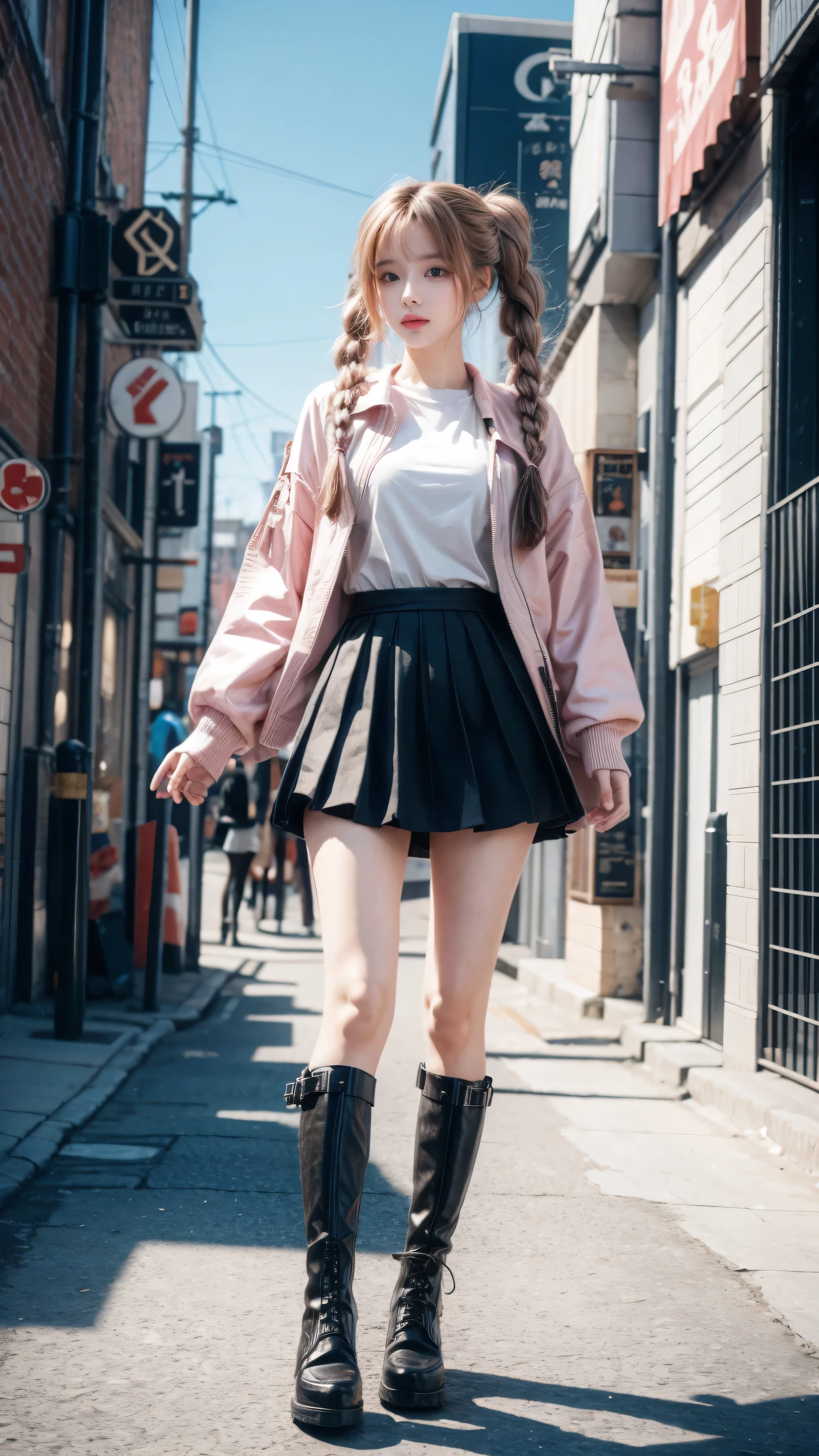 high resolution, best quality, masterpiece, very high image quality, Super detailed, Surrealism, 3D, Japanese cartoons, illustration, fantasy, Hard Rock Girl, Very pretty and cute, Pink wavy hair, Side braids, mini skirt, Knee socks, Engineering boots, Background cyberpunk city galaxy