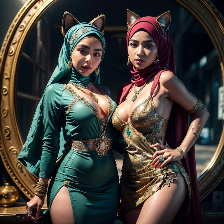 Malaysian girl ,malay, The whole body consists of a young girl with hijab, Eye makeup, 21yo, Cat ears, Soft lighting, Solo, Wear shabby clothes, Dirty, Tattered futuristic military uniform, Cat's paw badge, Pose, spot color, rendering by octane, Ultra-realistic intricate details, Cinematic, 8K resolution, 70mm, emphasis lightings, (((2 girls:1.5, girls standing))) Setting background: Basquiat graffiti wall background,Graffiti artist, urban walls, spray paint cans, bold colors, rebellious strokes, street gallery, artistic , night shadows, public expression, aerosol mastery, layered stencils, cultural messages, graffiti tags, creative risks, vibrant visuals, underground recognition, impactful designs, urban transformation. Art by Mschiffer, (((Woman with hijab style, hijab with sexy dress)), (lace stockings), (((Wearing: diamond necklace and earrings))). RAW photo, full sharp, detailed face (high detailed skin:1.2), 8k uhd, dslr, soft lighting, high quality, film grain, Fujifilm XT3, (extremely beautiful face, sexy lips, beautiful red lips, Clear eyes, beautiful eyes), (big green eyes), pretty girl, face forward, intricate detail face, ((ultra detailed skin)) (skin texture, film grain), Detailed beautiful face, natural tpose, natural facial expression, (((Straight breasts))), Surreal full-body figure, Beautiful and delicate body and face, gorgeous figure, ssmile, Titillating，Surreal full-body figure，Beautiful and detailed body and face, Super vista, White skin of the, vivd colour,🔥8k, masterpiece, RAW photo, best quality, (18k detail:1.2), photorealistic, extremely, deep shadow, earrings, bracelets, necklace,