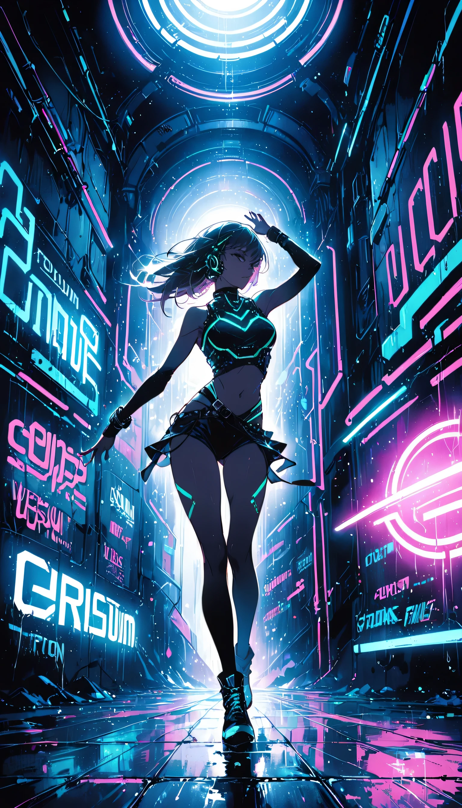 DemiHawks, Urban sprawl, woman, urban dance clothing, Dramatic lighting, High Contrast, silhouette, Poster-worthy, Street fashion, graffiti, Neon Light, Shadow, Dystopia, cyber punk, Futuristic, Science fiction, Tron, Blade Runner, Elysium, Westworld, Black Neon, dance, fluid, dynamic, energy, Movement, shape, Performance.