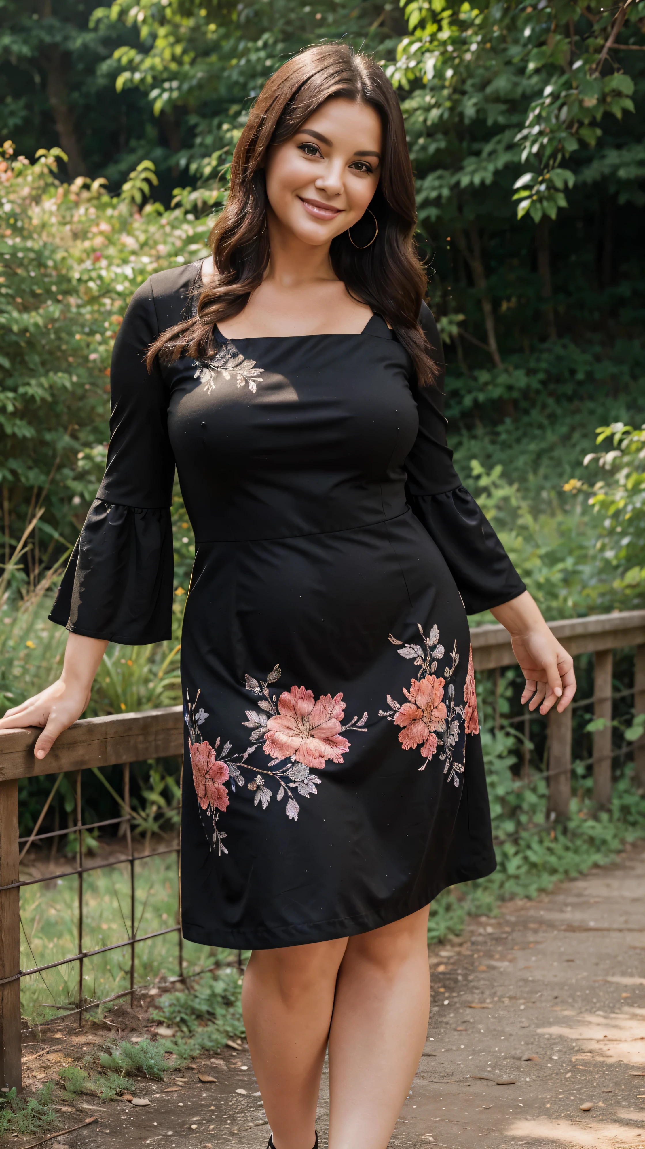 A beautiful and hot almost chubby mature woman.who is wearing a black dress with floral sleeves. And standing in nature. A smiling face.