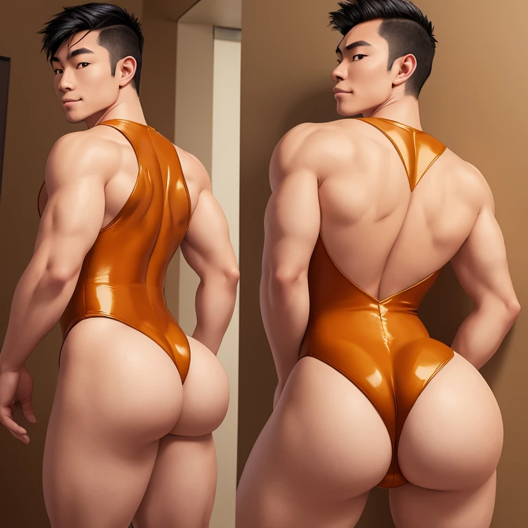 Cute asian guy, adult, gay, handsome, skin tight leotard, fit lean skinny body, plump butt, toned thick butt, butt facing viewer, smirking, solo, farting