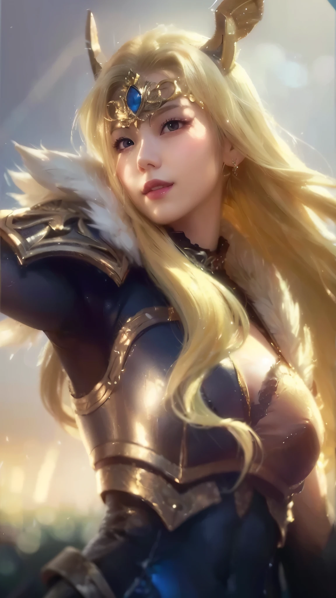 1 woman,freya MLBB heroes,perfect quality,perfect eyes,4K quality,War Angel,realistic,medium breast size,long hair,blonde hair,Smile,has wings on its back 