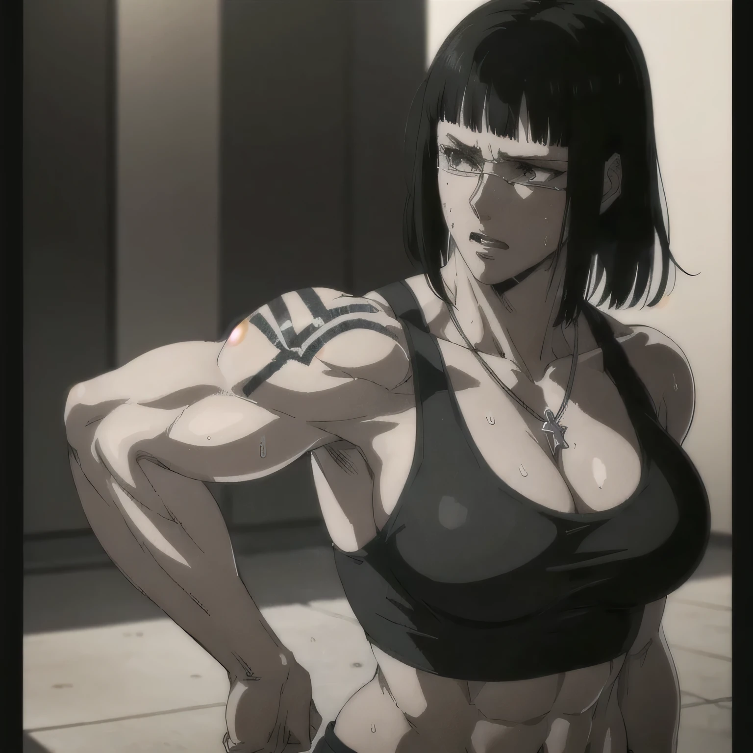 (best quality,ultra-detailed,realistic:1.37),musclaur badass girl with sculpted body with preview her musclaur body and six-pack, full review of the female character's face and body, intense expression, strong and confident posture, studio lighting, vivid colors, physiologically-based rendering, grungy texture, rugged background, dust particles in the air, commanding presence, professional, powerful, gritty aesthetics,,Valmet،short hair,necklace,Light reflection on shoulders,Sweat in muscles،،wearing military male underwear and midriff tank top, tattoos on shoulders،Fat free body,Hand veins,push-ups workout,veins on body,
