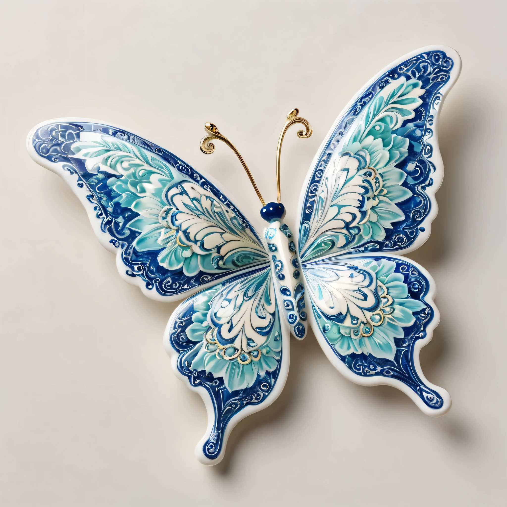 (A porcelain butterfly, vibrant colors, intricate details),blue and white,delicate patterns,Chinese traditional art style,turquoise, delicate wings, shimmering effect
