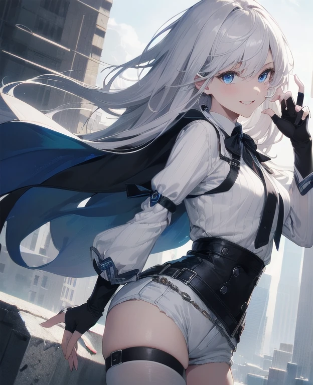 (Masterpiece, Best quality, ultra high resolution), 1 girl, Silver hair, Pale skin, Beautiful detailed face, Detailed eyes, posing on a, On a white background, Dynamic lighting, dynamic shadowing, looking at viewer, White stone punk fashion,(Posing for a photo),((White clothes)), (((black thigh highs))), jean shorts, skirt, white sweater, ((Blue eyes)), happy, smiling, black straps, black strap design, ((Long white hair)), energetic, cheerful, cityscape background, (((long black sleeves into fingerless black gloves))), ((long black sleeves)), black sleeves