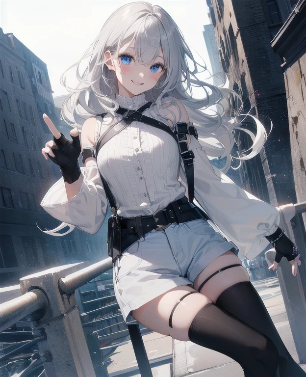 (Masterpiece, Best quality, ultra high resolution), 1 girl, Silver hair, Pale skin, Beautiful detailed face, Detailed eyes, posing on a, On a white background, Dynamic lighting, dynamic shadowing, looking at viewer, White stone punk fashion,(Posing for a photo),((White clothes)), (((black thigh highs))), jean shorts, skirt, white sweater, ((Blue eyes)), happy, smiling, black straps, black strap design, ((Long white hair)), energetic, cheerful, cityscape background, (((long black sleeves into fingerless black gloves))), ((long black sleeves)), black sleeves