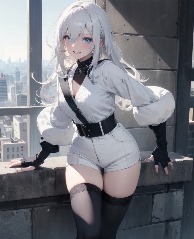 (Masterpiece, Best quality, ultra high resolution), 1 girl, Silver hair, Pale skin, Beautiful detailed face, Detailed eyes, posing on a, On a white background, Dynamic lighting, dynamic shadowing, looking at viewer, White stone punk fashion,(Posing for a photo),((White clothes)), (((black thigh highs))), jean shorts, skirt, white sweater, ((Blue eyes)), happy, smiling, black straps, black strap design, ((Long white hair)), energetic, cheerful, cityscape background, (((long black sleeves into fingerless black gloves))), ((long black sleeves)), black sleeves