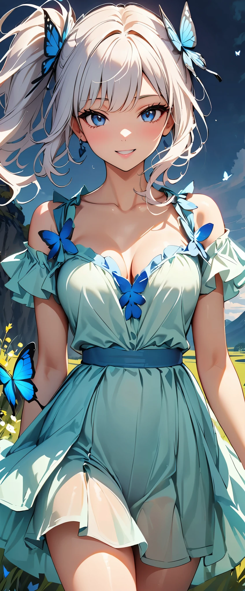 (highest quality:1.2, Very detailed, Latest, Vibrant, digital coloring, High Contrast, masterpiece:1.2, highest quality, Best aesthetics, spirit of the wind), 1 female, Silver Hair, Side Ponytail、(((Blue butterfly hair ornament, Blue Butterfly Dress:1.2))), (Lots of butterflies and flowers fluttering:1.2, fantasy landscape:1.4), Bright lighting, Beautiful world, New World, Blown by the gentle wind, (hot gaze, Hot, Rui々Beautiful lips, Glossy, Open Mouth, Leaking sigh), Accurate, Textured skin, Cowboy Shot, seductive smile, The beauty and danger of growing from a girl to an adult, A symbol of miraculous beauty.