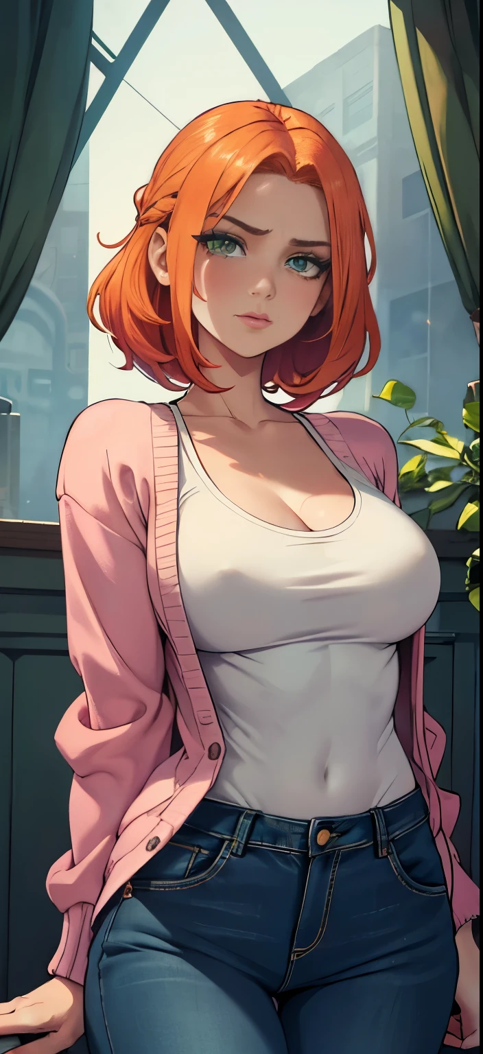 1girl, ginger, green eyes, Beautiful woman, Casual hairstyle, beautiful detailed eyes and face, expressive emotion, vivid colors,soft lighting,dramatic atmosphere, perfect slim and slender body, pertky , D-cup sized ???????, Attractive and ???? body type, looking up at viewer, wearing pink cardigan and blue jeans