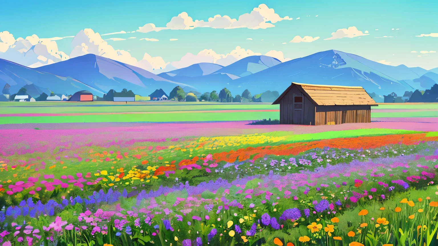 landscape,Colorful flower field,The surroundings are blue with no clouds,A small hut in the middle of a flower field,flat land