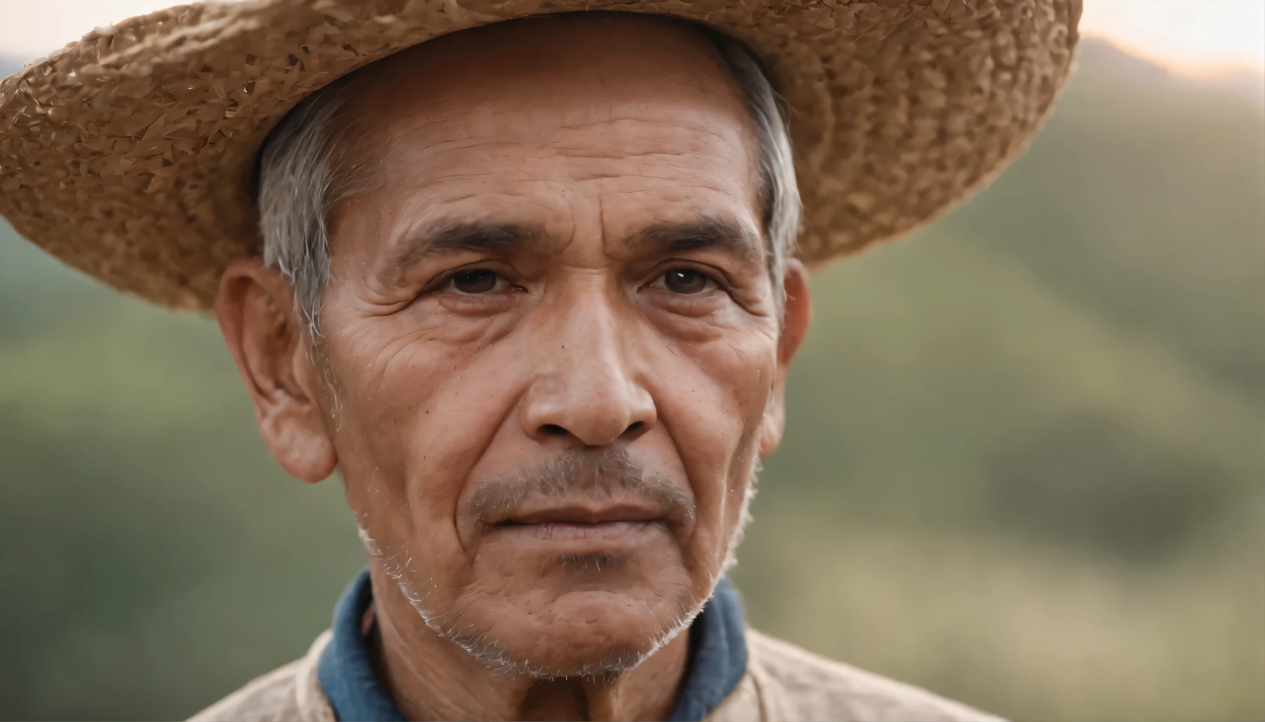 Close-up portrait emotional photo of an old man. A Latin american peasant man, Wear simple clothes, a blue shirt and a stRaw hat. Looks powerful, difficult, Face, 8K HD, high quality, Film Grain, Looking at the audience, Very detailed portrait, Skin wrinkling, Have sunburn, dark brown eyes, (skin pores: 1.2), ( mole:0.8), (Imperfect skin:1.1), Intricate details, Goosebumps, Flawless Face, ((Reality):1.1), (Raw, 8k:1.2), Surrealism, HDR, Movie, dark, pastel colors, atmosphere, ((Macro lens)), Sunset. In the background you can see some out of focus mountains. Latin america, mulatto. 