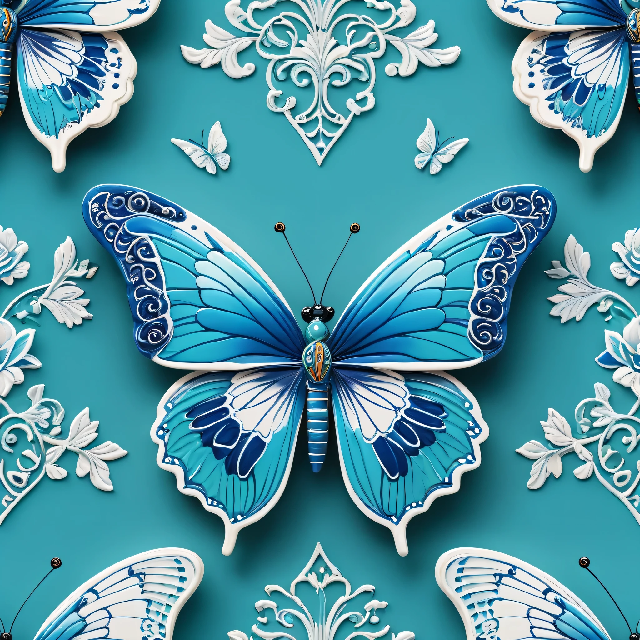 (A animated butterfly, vibrant colors, intricate details),porcelain,blue and white,delicate patterns,Chinese traditional art style,turquoise, delicate wings, shimmering effect