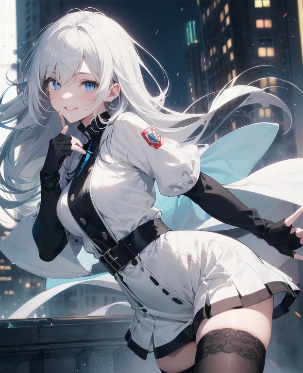 (Masterpiece, Best quality, ultra high resolution), 1 girl, Silver hair, Pale skin, Beautiful detailed face, Detailed eyes, posing on a, On a white background, Dynamic lighting, dynamic shadowing, looking at viewer, White stone punk fashion,(Posing for a photo),((White clothes)), (((black thigh highs))), jean shorts, skirt, white sweater, ((Blue eyes)), happy, smiling, black straps, black strap design, ((Long white hair)), energetic, cheerful, cityscape background, (((long black sleeves into fingerless black gloves))), ((long black sleeves)), black sleeves
