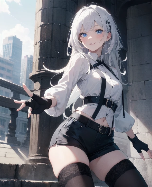 (Masterpiece, Best quality, ultra high resolution), 1 girl, Silver hair, Pale skin, Beautiful detailed face, Detailed eyes, posing on a, On a white background, Dynamic lighting, dynamic shadowing, looking at viewer, White stone punk fashion,(Posing for a photo),((White clothes)), (((black thigh highs))), jean shorts, skirt, white sweater, ((Blue eyes)), happy, smiling, black straps, black strap design, ((Long white hair)), energetic, cheerful, cityscape background, (((long black sleeves into fingerless black gloves))), ((long black sleeves)), black sleeves