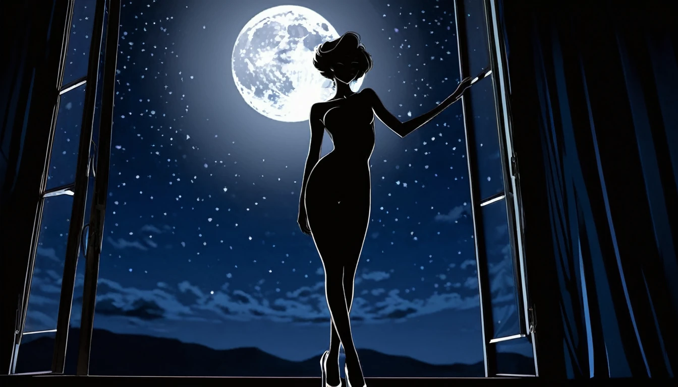 (Silhouette art,best quality,top quality,masterpiece,4k,)(fashion models), (((arte em papel cortado,A world where only black exists:1.2), (style of 90s anime portraition),1lady,Solo,slim body,perfect female shape,epic quality,graceful dancing,elegant posture, (profile:1.2),ray tracing,movie level lighting,Cinematic storyboard,high heels,Moonlight,The window behind,beautiful thighs,thin thighs,Delicate legs,beautiful legs,sexy legs,long legs)),Slender, sunder (Dark moon) Textured glass background,staying in a completely dark World,