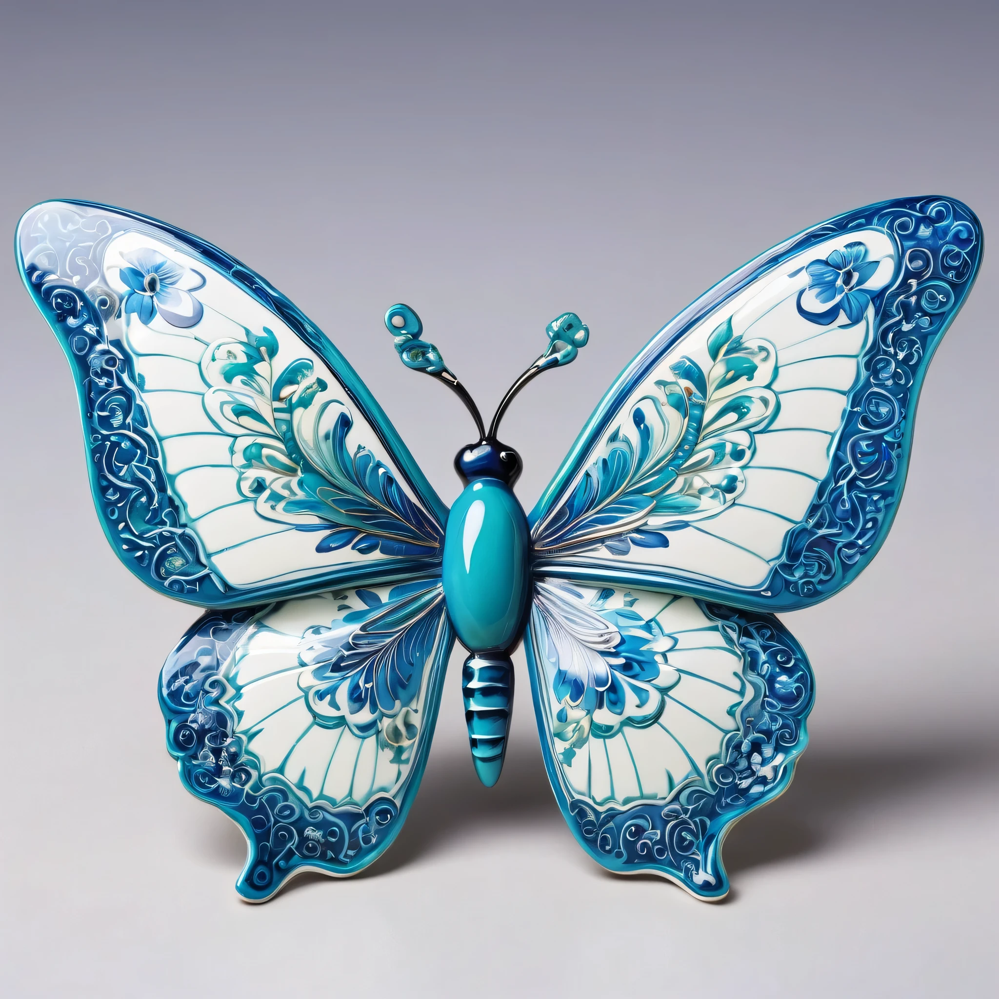 (A animated butterfly, vibrant colors, intricate details),porcelain,blue and white,delicate patterns,Chinese traditional art style,turquoise, delicate wings, shimmering effect