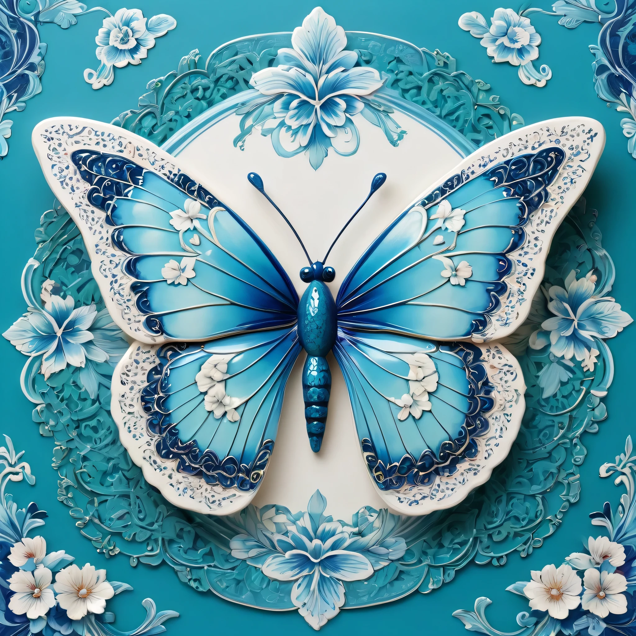 (A animated butterfly, vibrant colors, intricate details),porcelain,blue and white,delicate patterns,Chinese traditional art style,turquoise, delicate wings, shimmering effect