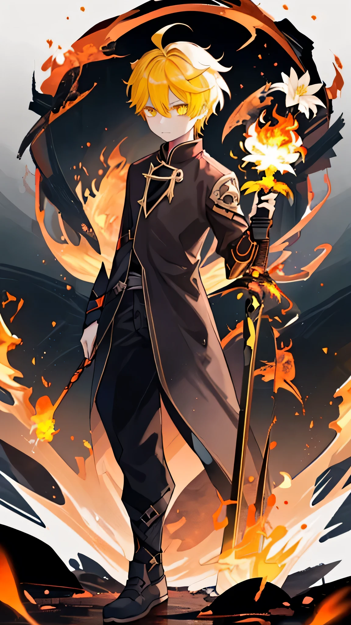 a boy, bangs, breathing fire, burning, black clothing intact, embers, ahoge, yellow hair, multicolored hair, fire, flame, flaming sword, (hand on hilt), standing, braided hair, pyrokinesis, expressionless, smoke, flower (symbol), Alone, spark of light, dark background, Twilight, white flower, Molten rock, Lily (flower), burning flower, Depth of field, Burning,