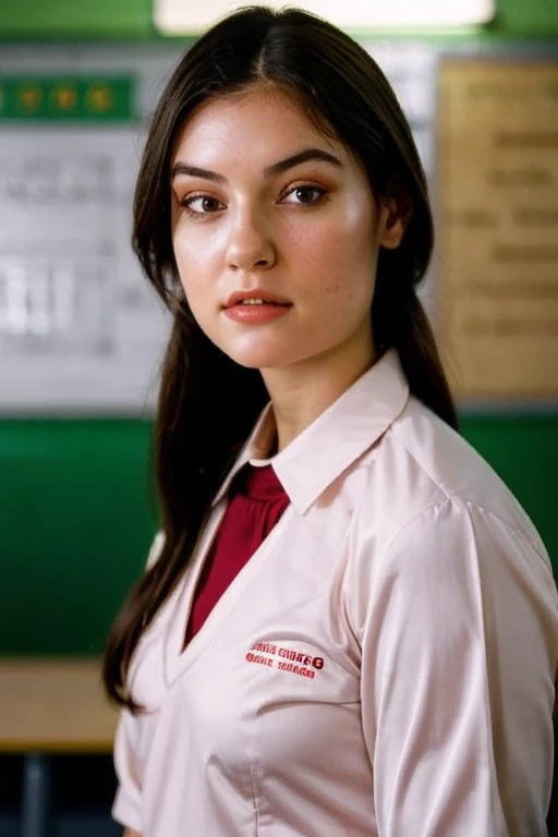 A stunning intricate full color portrait of a woman, wearing a teacher outfit, in a classroom, happy, epic character composition,by ilya kuvshinov, alessio albi, nina masic,sharp focus, natural lighting, subsurface scattering, f2, 35mm, film grain, portait, closeup, very detailed skin texture   