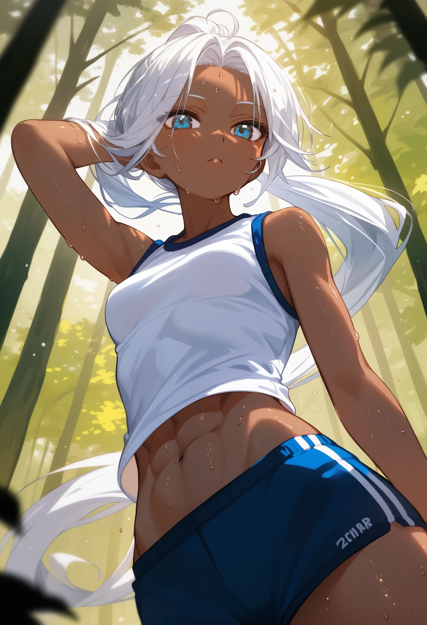 masterpiece, T-ponyai3 style, zoom out, score_9, score_8_up, score_7_up, portrait, 1girl, solo, dark skin, white hair, tied hair, ponytail, long ponytail, parted bangs, dark blue eyes, innexpressive, pale skin, small breasts, upper body, white shirt, gym shorts, old fashioned, abs, sweating, sfw, hand over hair, curvy, below view, forest, daytime, best quality