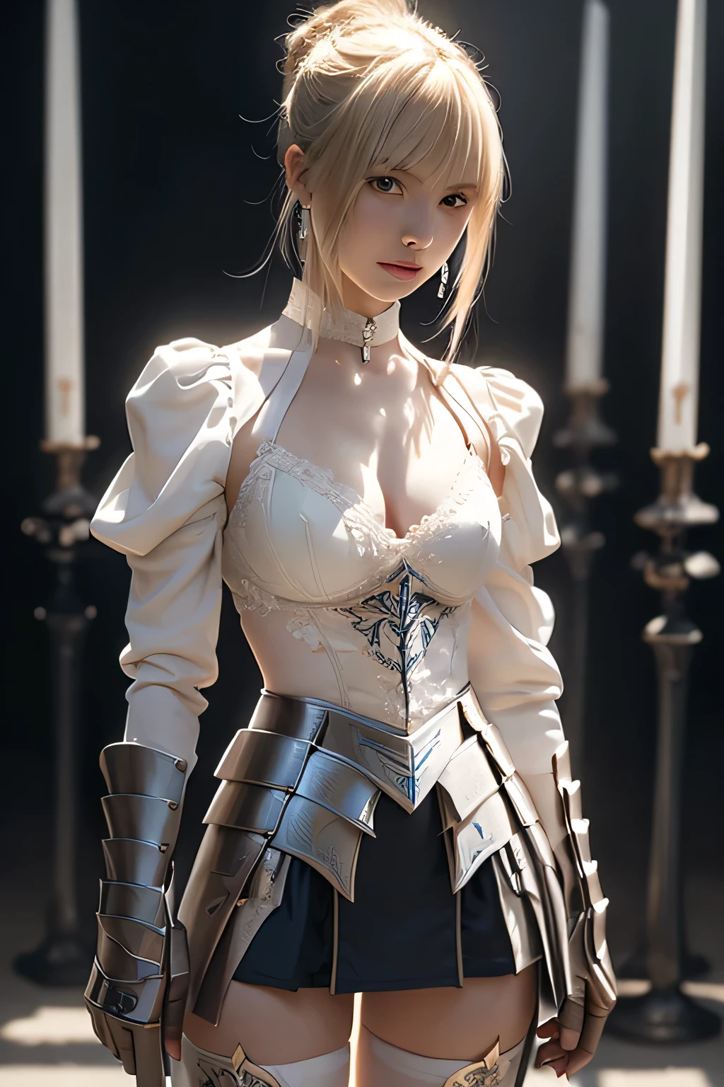 alone, dynamic_Pause, (detailed_face, perfection_eye, perfection_hand), difficult_Shadow, dynamic_Lighting, rim Lighting, (Complex, highly detailed, 8k, masterpiece, Surreal), detailed eye, beautiful eye, SFW, Sharp Eyes, chest, large chest, (choker, Earrings, jewelry, hair ornaments, Chest cleavage), destiny \(series\), Artoria Pendragon, Holding the Sword, thigh, Chest cleavage, mini skirt, Blonde, Long Hair, ponytail, crystal eye, armor,