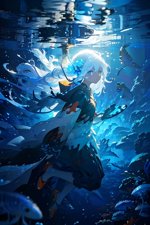 (Pieces fly), (highest quality), Very detailed, 1 girl, Solo full body shot, Perfect Face, beautiful girl, Very detailed顔,(Long white hair:1.5),(blue eyes:1.4),(Floating Hair:1.4),(Underwater:1.4),sink,Fish school,Light,jellyfish,Seaweed,Red fish,Yellow fish,White fish、deep sea,Fantasy、Otherworldly、32K,