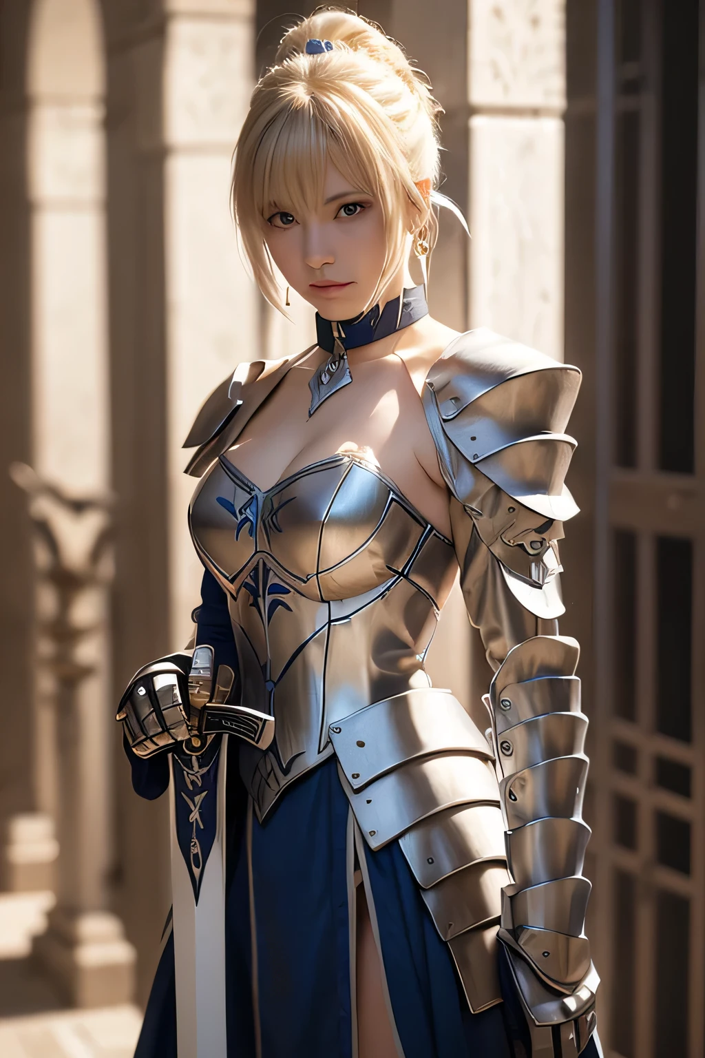 alone, dynamic_Pause, (detailed_face, perfection_eye, perfection_hand), difficult_Shadow, dynamic_Lighting, rim Lighting, (Complex, highly detailed, 8k, masterpiece, Surreal), detailed eye, beautiful eye, SFW, Sharp Eyes, chest, large chest, (choker, Earrings, jewelry, hair ornaments, Chest cleavage), destiny \(series\), Artoria Pendragon, Holding the Sword, thigh, Chest cleavage, mini skirt, Blonde, Long Hair, ponytail, crystal eye, armor,